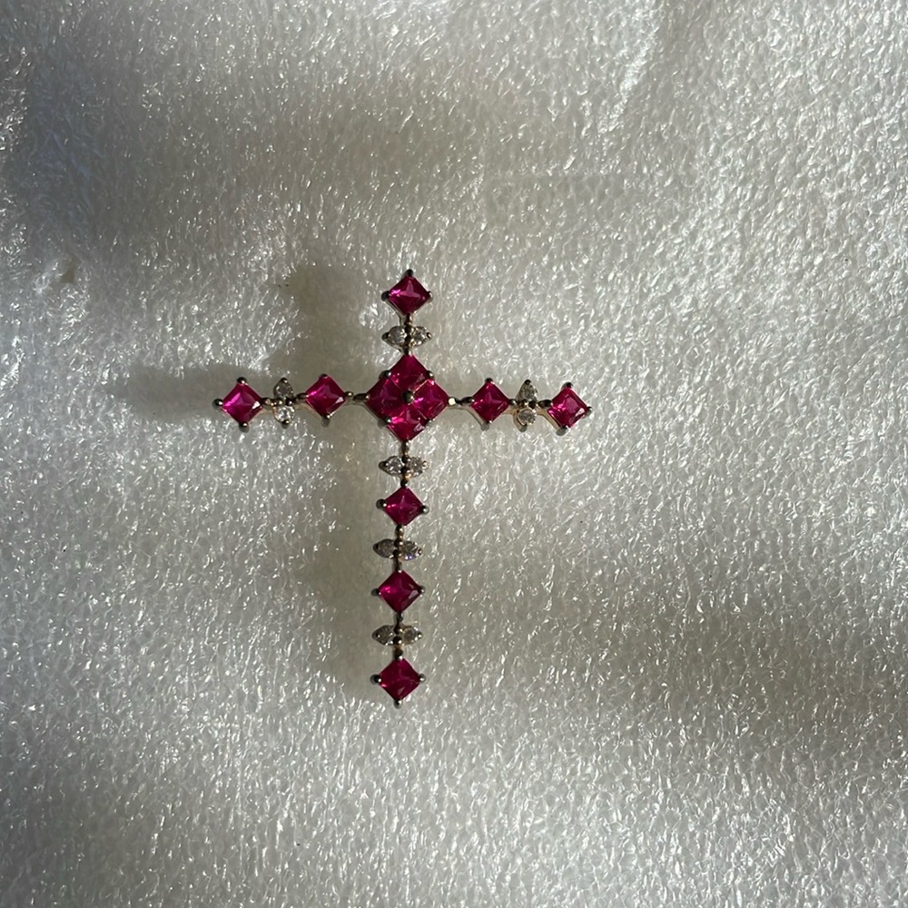 Lab grown pink, sapphire, and diamond cross pendant 925 marked